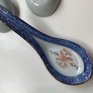 Vintage Chinese "Rice Eyes" Miso Soup Spoon(s) with Gold Rim Detail